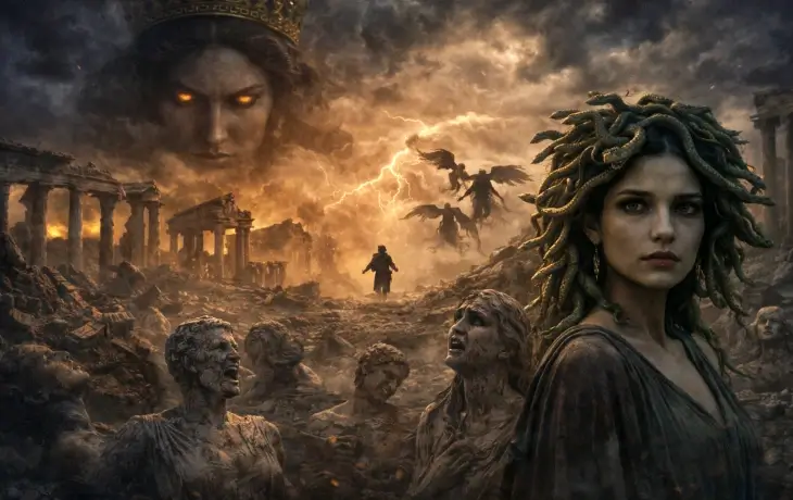 Mitolojide intikam hikayeleri kolajı Medusa Hera Erinysler ve taş kesilen figürler